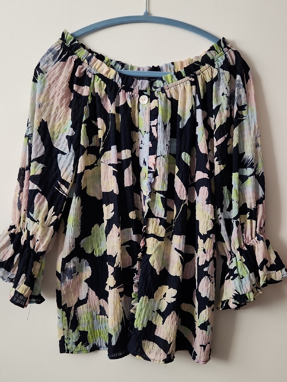 Black Off-Shoulder Floral Blouse with Pastel Pink & Green Accents